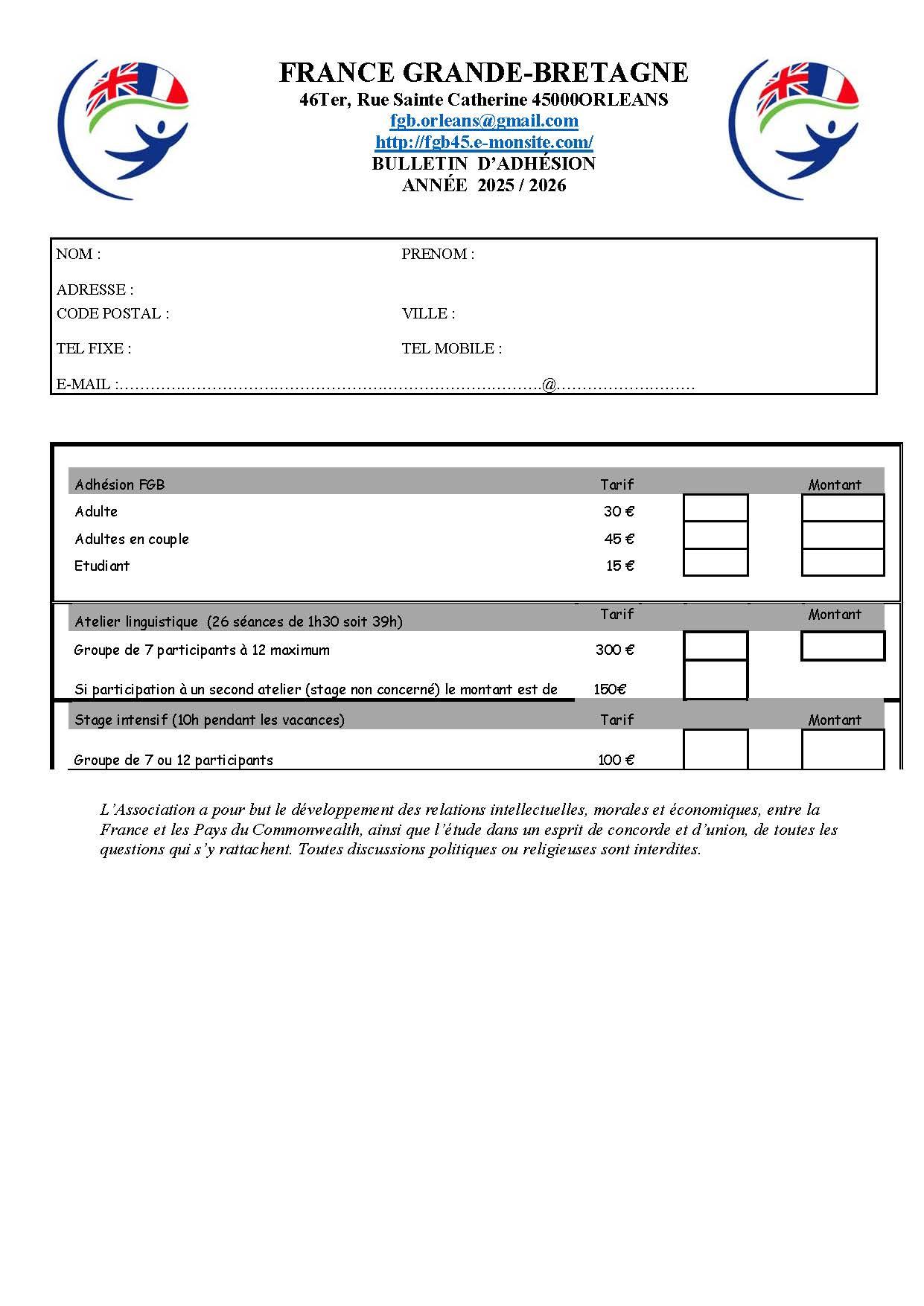 Bulletin d adhesion 2025 2026