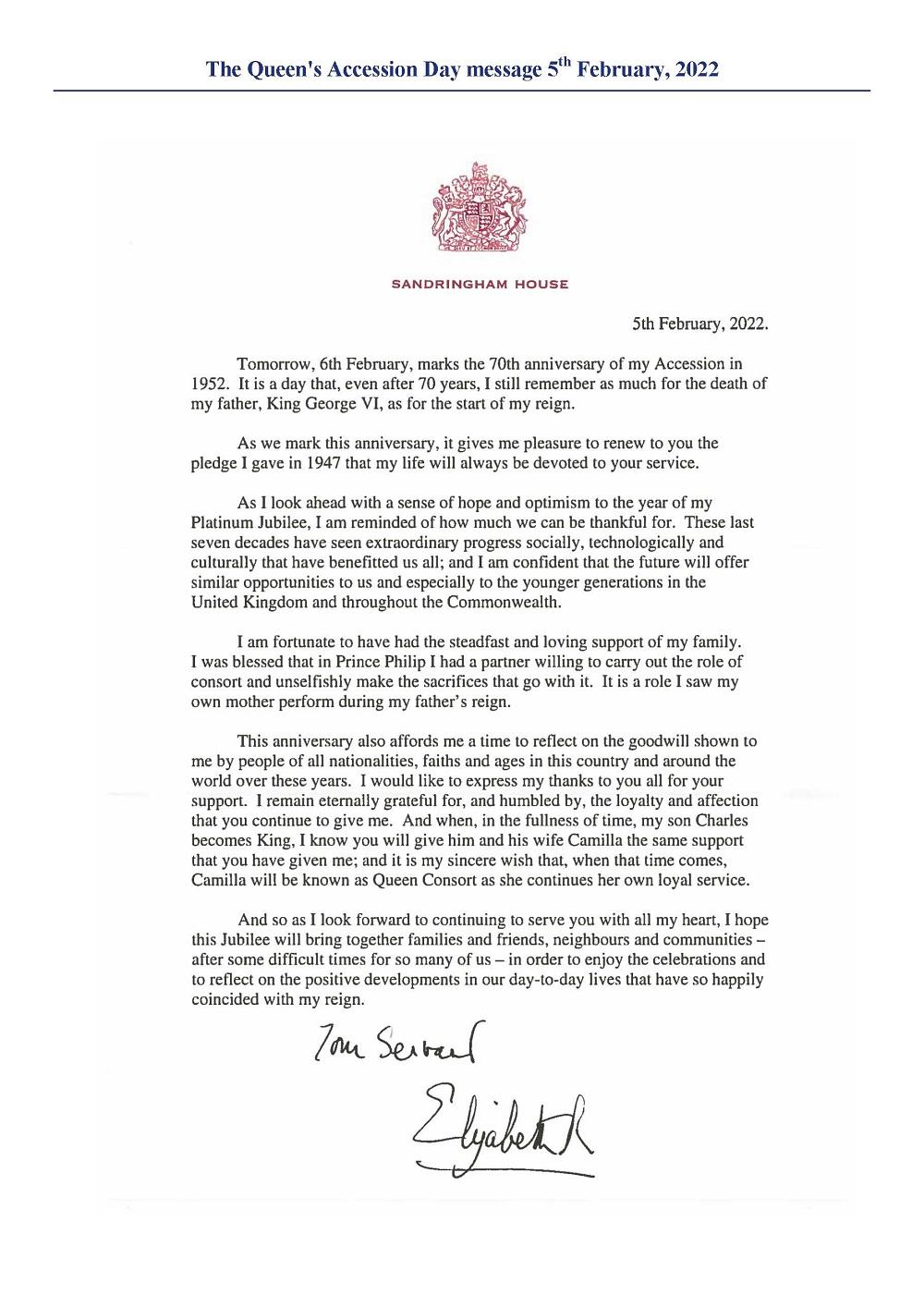 The queen accession message page 1